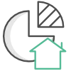Financial reporting icon featuring a pie chart and house symbol, representing property management services and tenant account management.