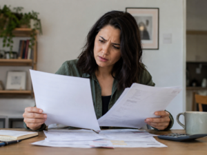 A person looking at paperwork with a confused expression