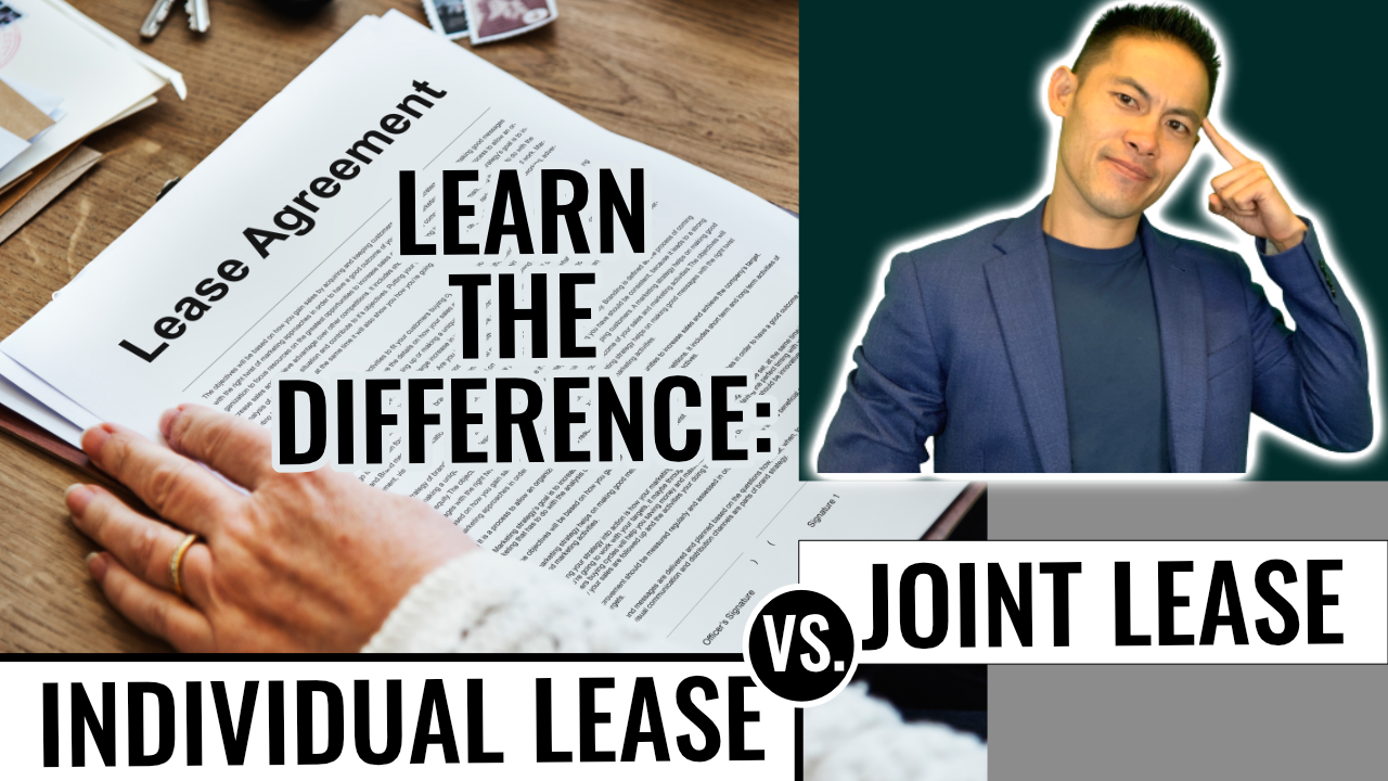 Learn the difference between individual lease and joint lease with a lease agreement document and a person pointing to their head, emphasizing key concepts in property management.