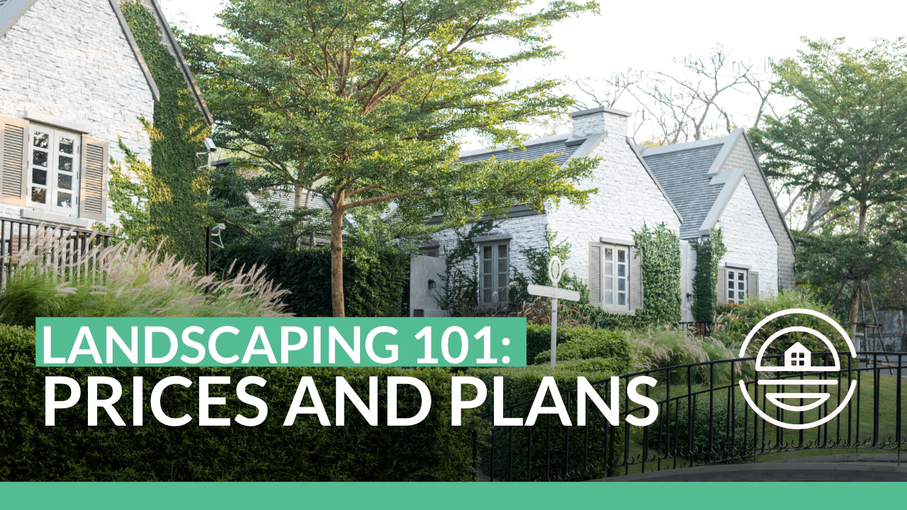 Landscaping 101 graphic featuring a well-maintained multi-family property with lush greenery, emphasizing prices and plans for effective property management.