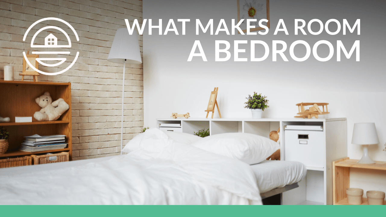 Image illustrating a cozy bedroom setup with a bed, decorative elements, and the text "What Makes a Room A Bedroom," emphasizing home improvement and property management themes.