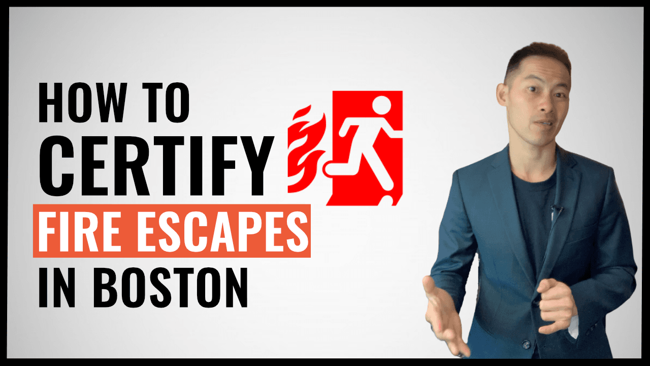 How to certify fire escapes in Boston, featuring a speaker in a suit discussing tenant safety and property management.