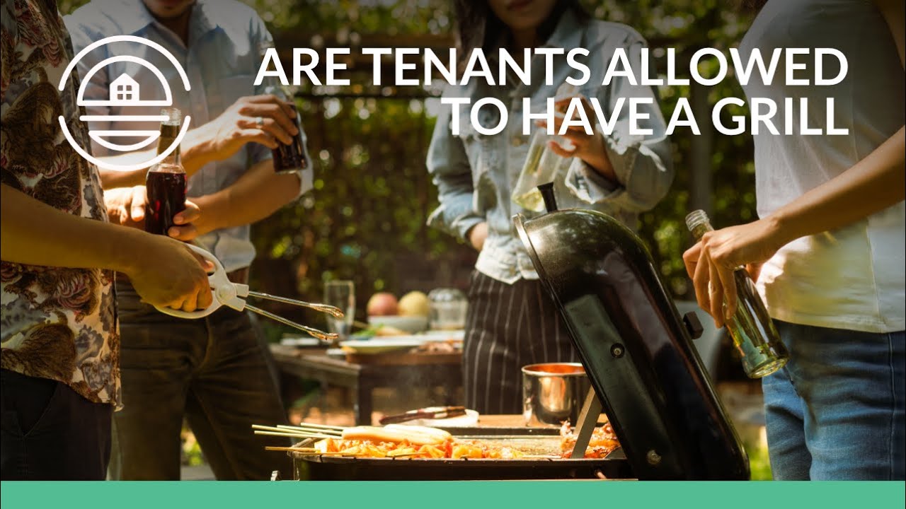 Group of people grilling outdoors with text overlay "Are Tenants Allowed to Have A Grill," emphasizing tenant grilling policies related to safety.