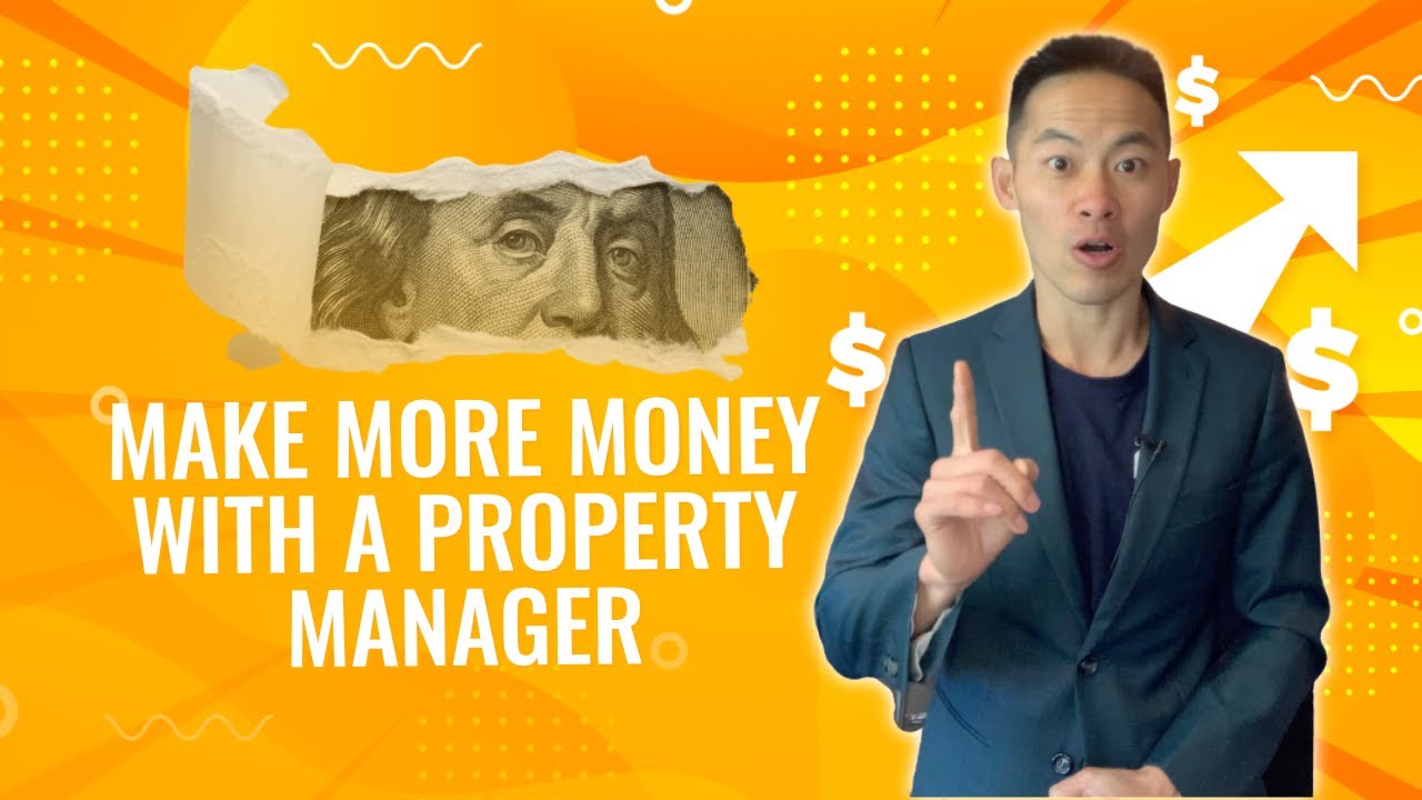 Man in a suit gesturing while standing next to a torn dollar bill, with text "Make More Money with a Property Manager" and a background of dollar signs and upward arrow, emphasizing property management benefits.