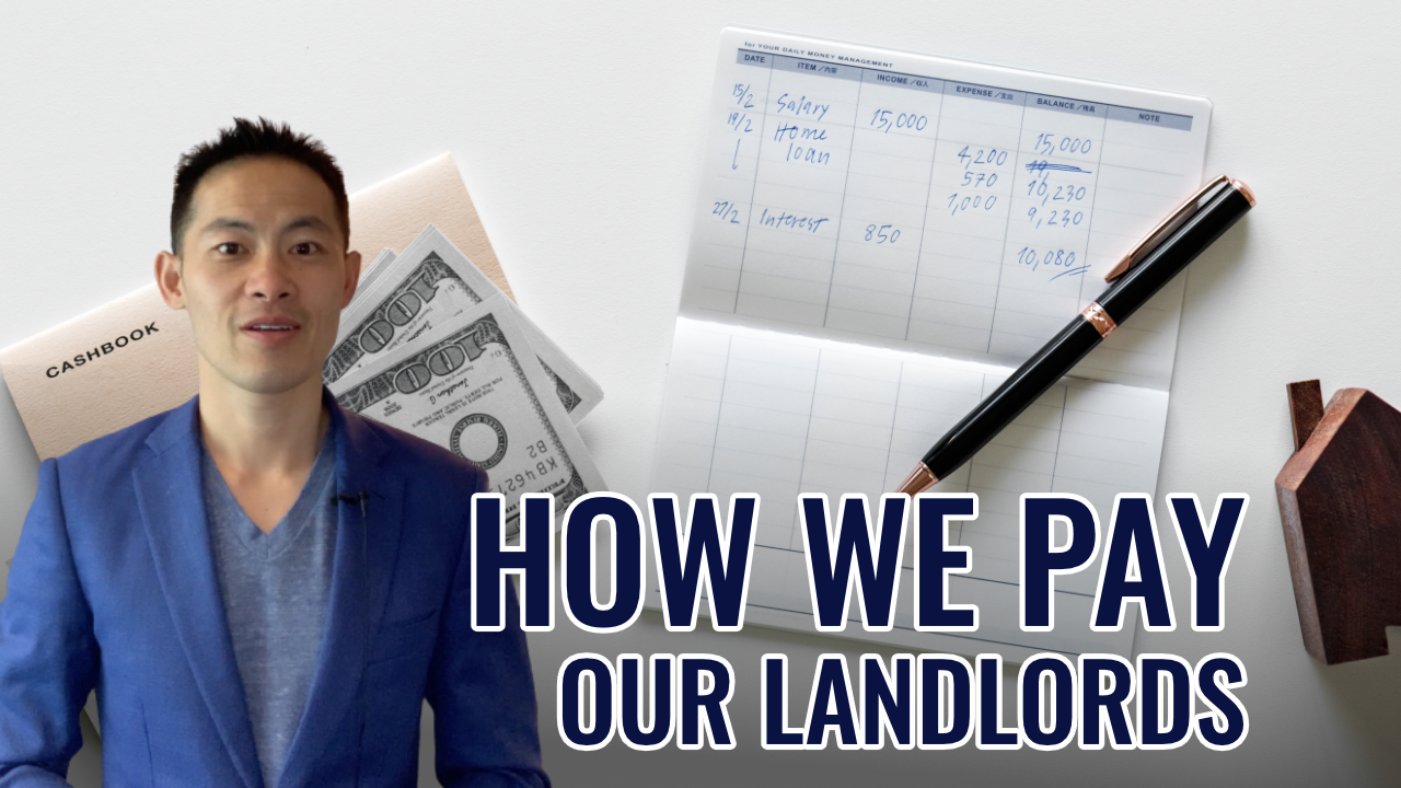 Man in a blue blazer standing beside a cashbook and cash, with text overlay "HOW WE PAY OUR LANDLORDS," illustrating property management financial practices.