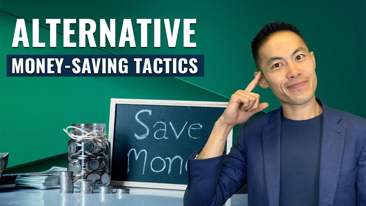 Man in blazer gesturing towards chalkboard with "Save Money" text, surrounded by coins and cash, illustrating alternative money-saving tactics related to utility costs and energy efficiency.