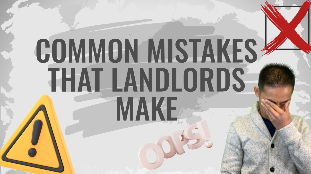 Common mistakes that landlords make, featuring a frustrated individual, cautionary symbols, and text emphasizing the need for planning and awareness in property management.