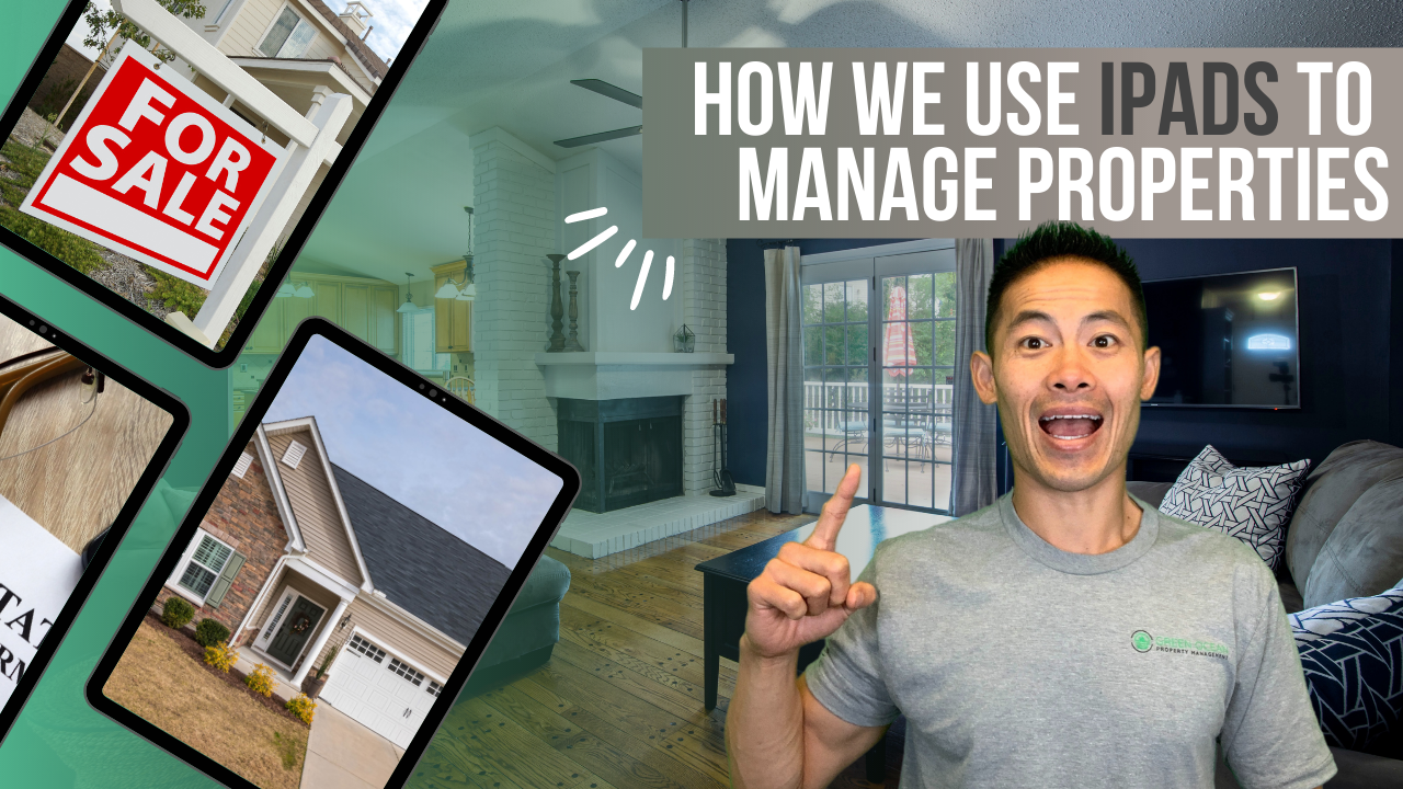 Image of a man gesturing enthusiastically in a living room, surrounded by iPads displaying real estate visuals, including a "For Sale" sign and a house, illustrating how Green Ocean Property Management utilizes technology for effective property management.