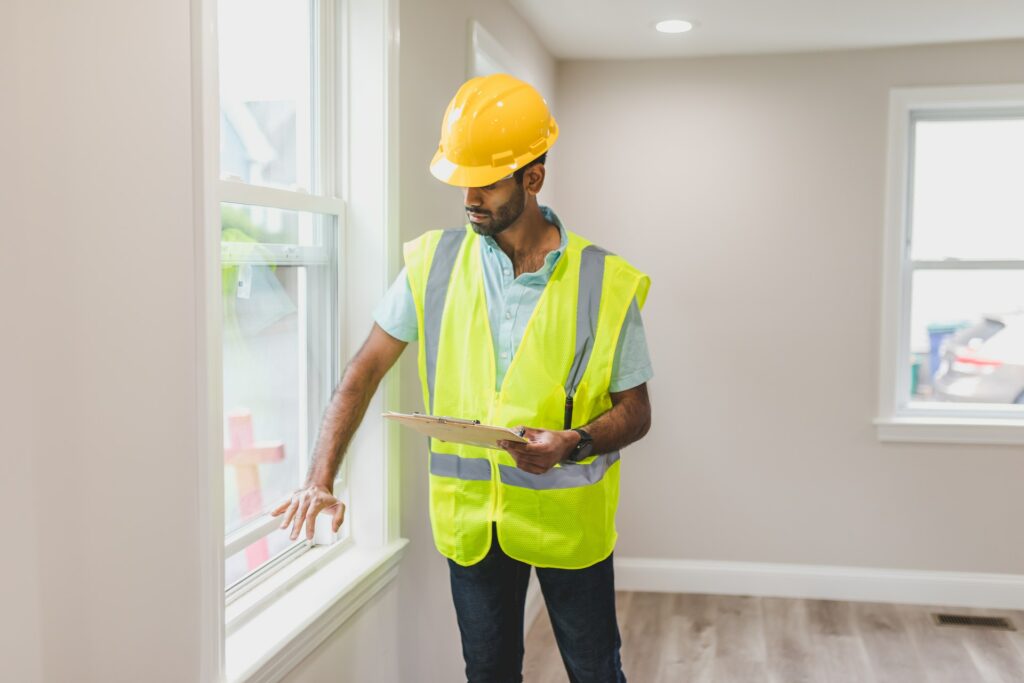 A man with a clipboard is inspecting a window in a house.