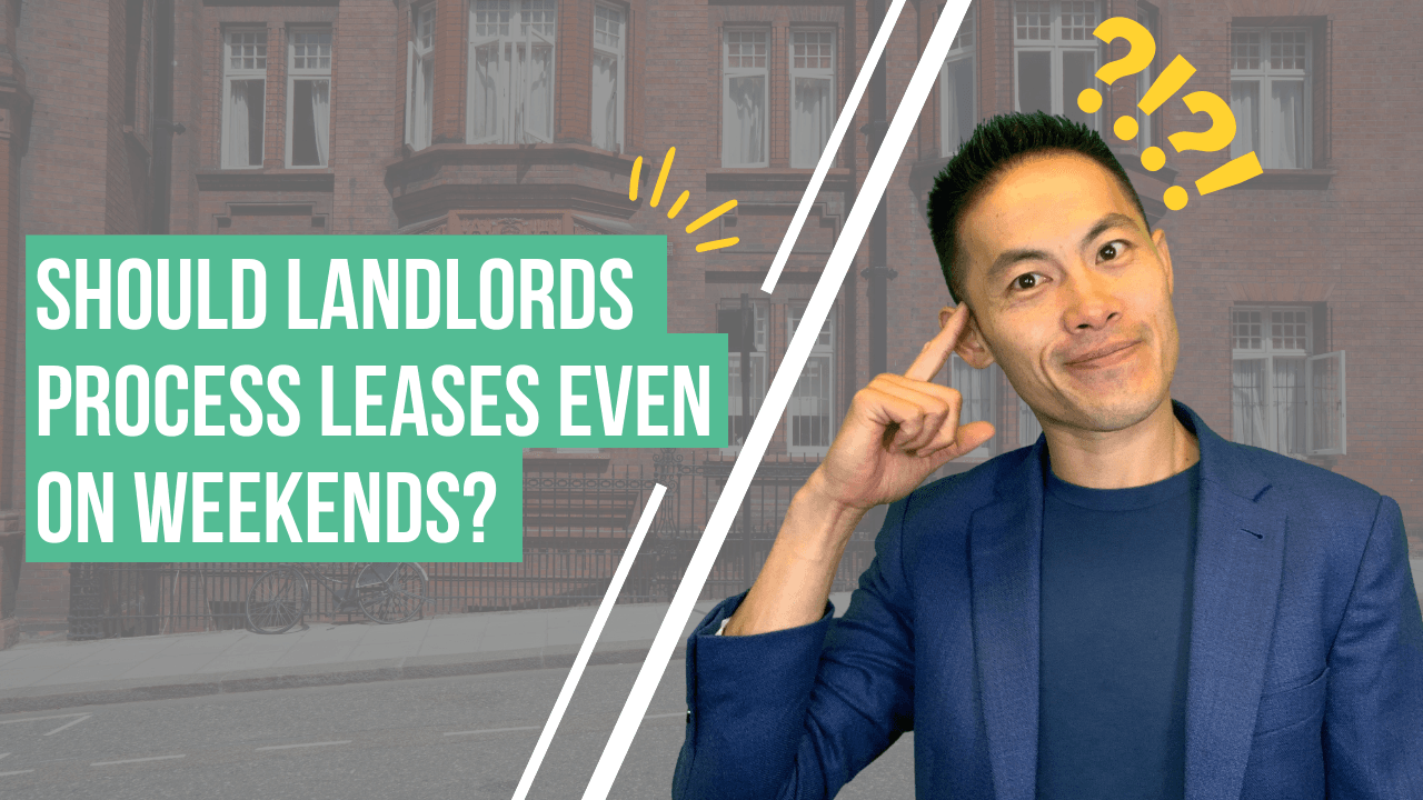 Image of a man in a blazer pondering with a question mark graphic, overlaid text asking, "Should landlords process leases even on weekends?" against a backdrop of a brick building, emphasizing proactive property management and tenant engagement.