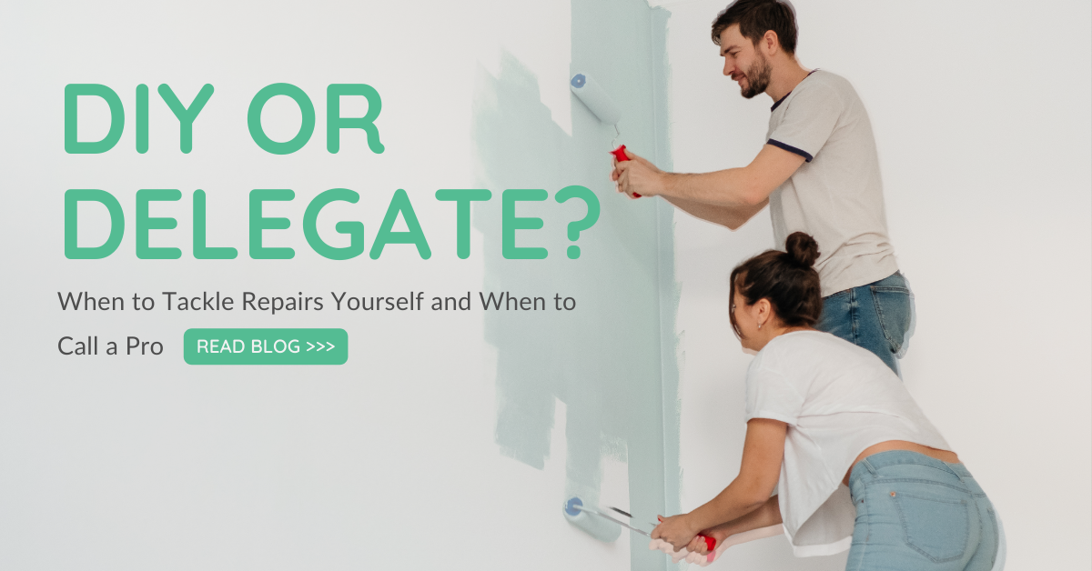 Couple painting a wall together, illustrating DIY home repairs, with text overlay "DIY or DELEGATE? When to Tackle Repairs Yourself and When to Call a Pro."