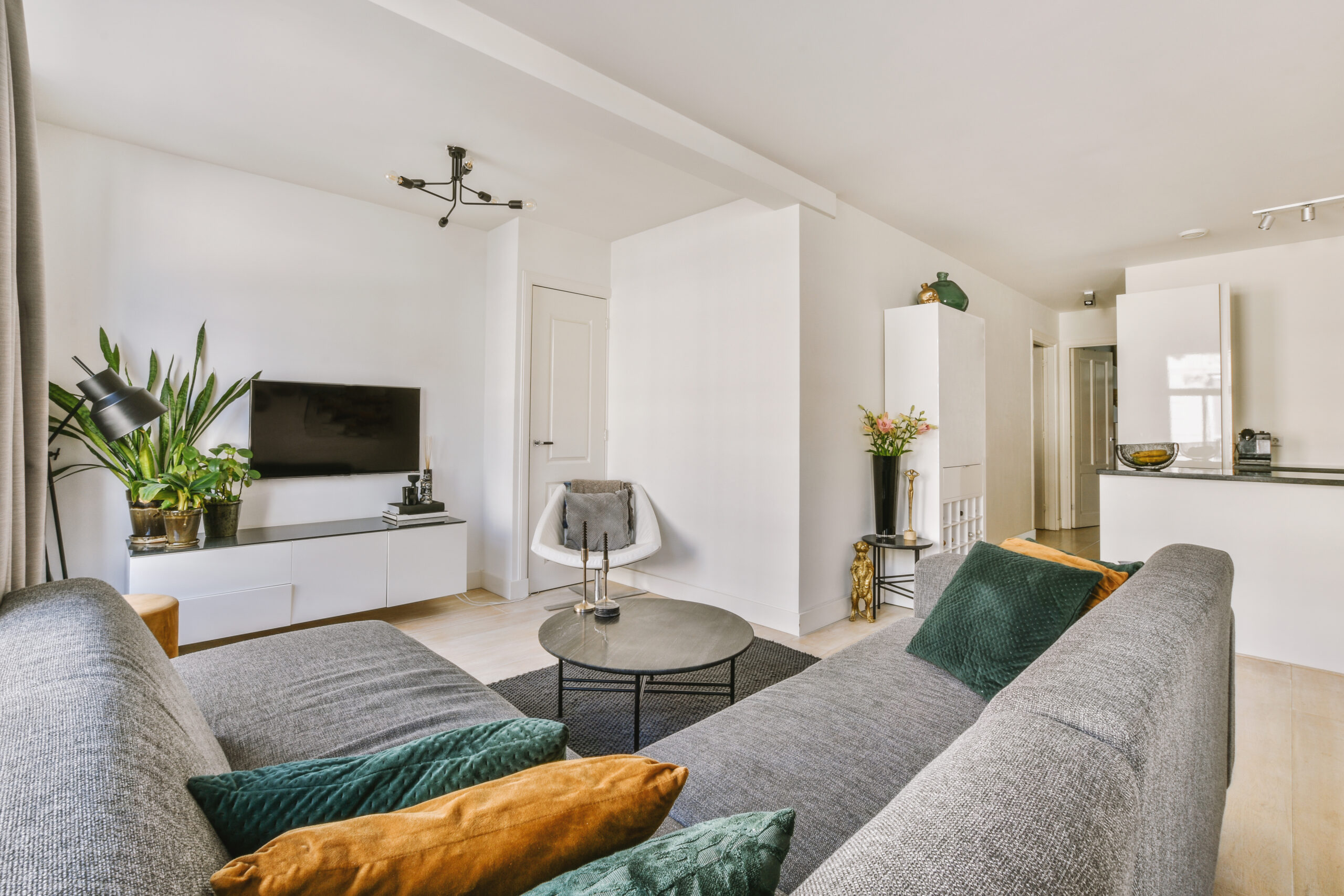 Spacious living room with open kitchen Modern apartment buildings in Beacon Hill with property manager onsite