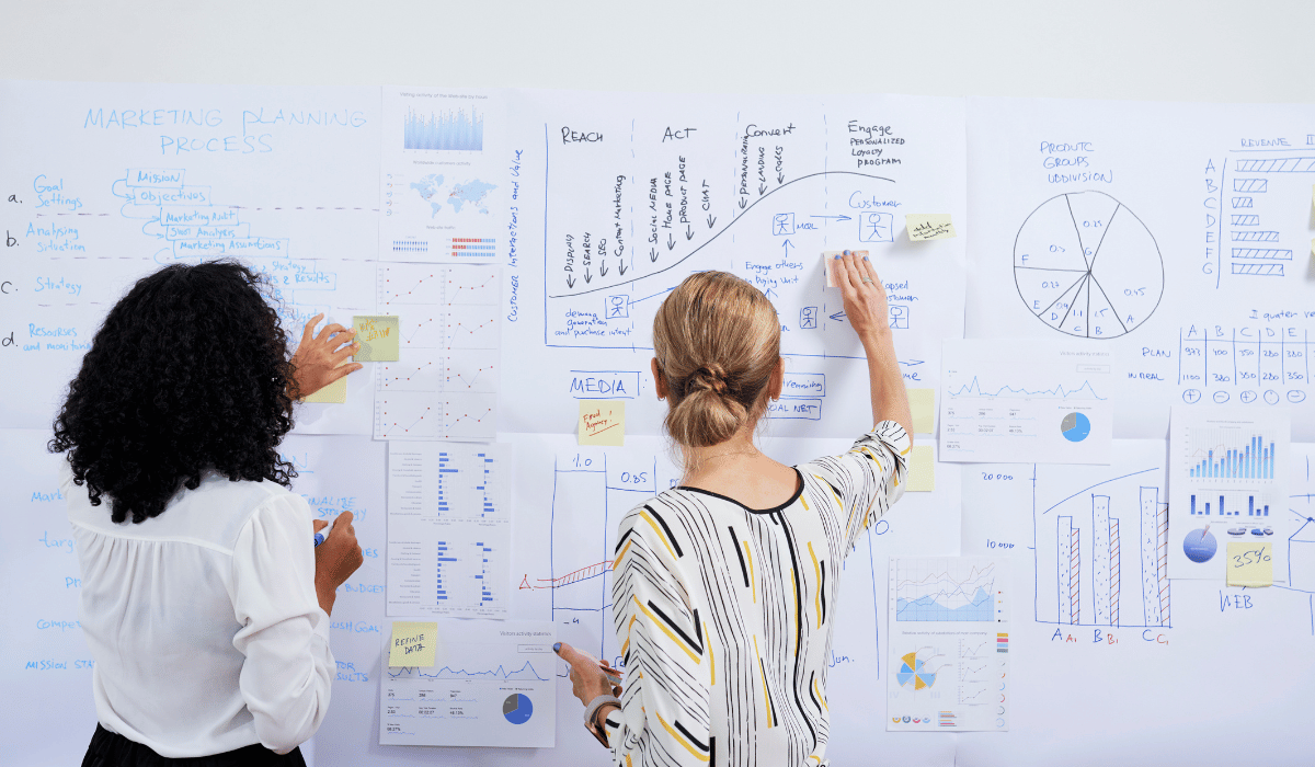 Two people are working on a board, discussing marketing plans.