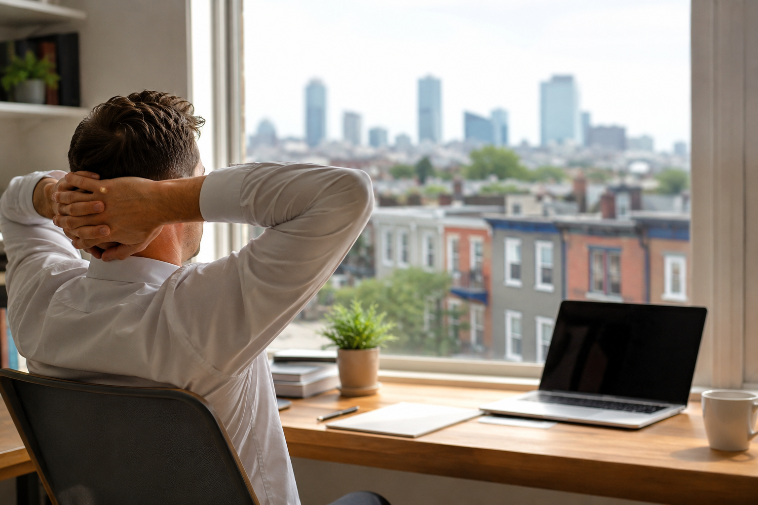 Business owner relaxing in a modern office while overlooking Boston multifamily apartment buildings, representing stress-free property management, time savings, and professional real estate management services.