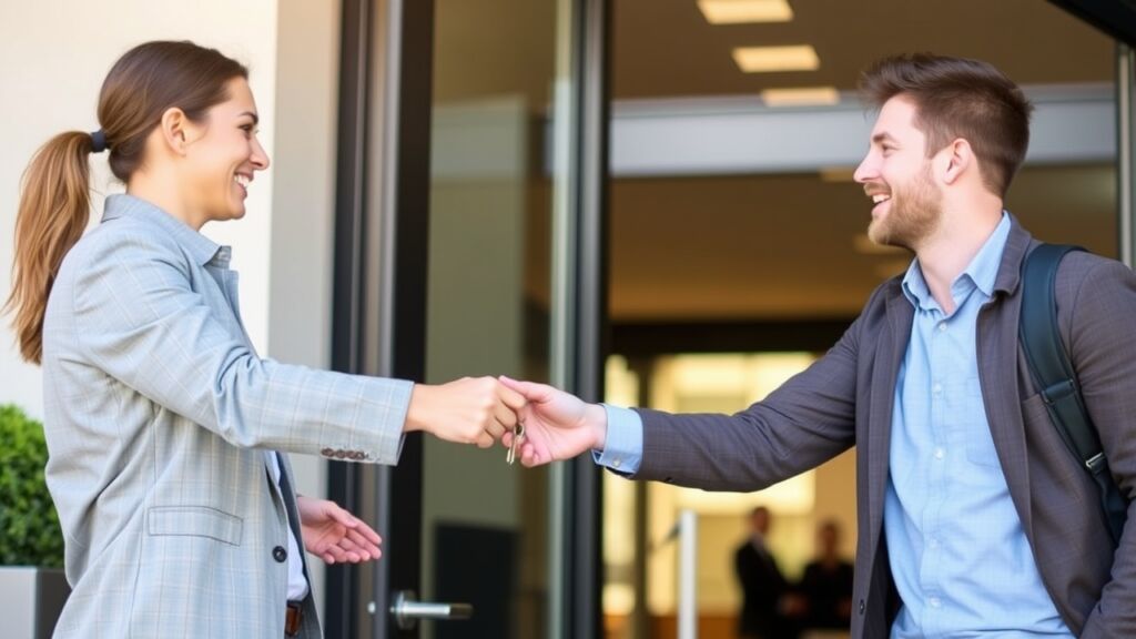 A property manager handing a set of keys to a smiling tenant at a building entrance