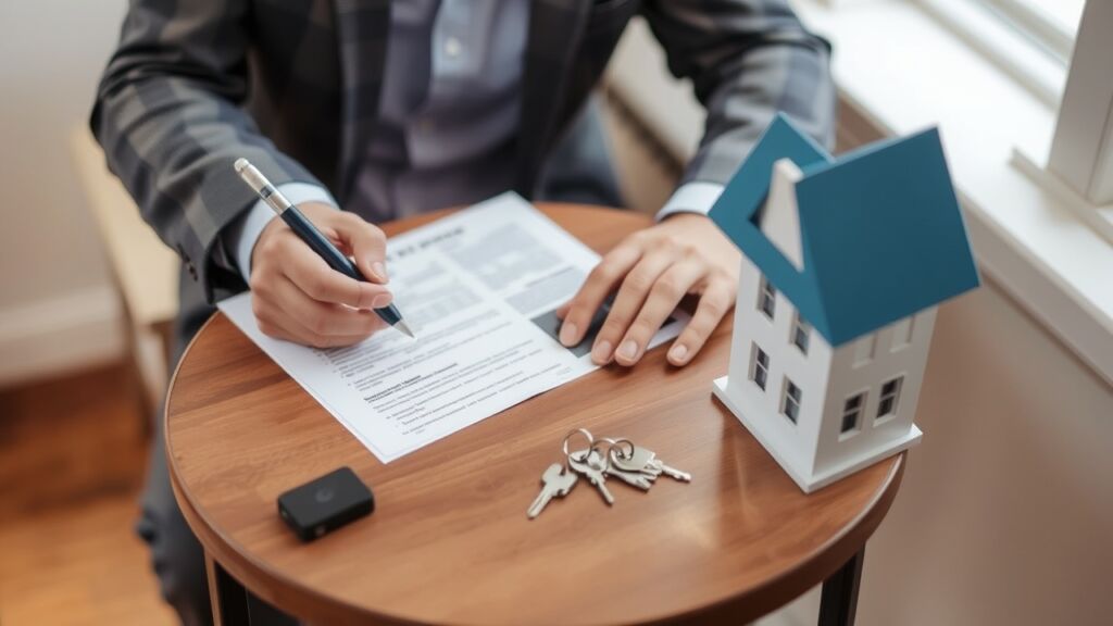 A tenant signs a lease at a small table with keys and a pen visible.