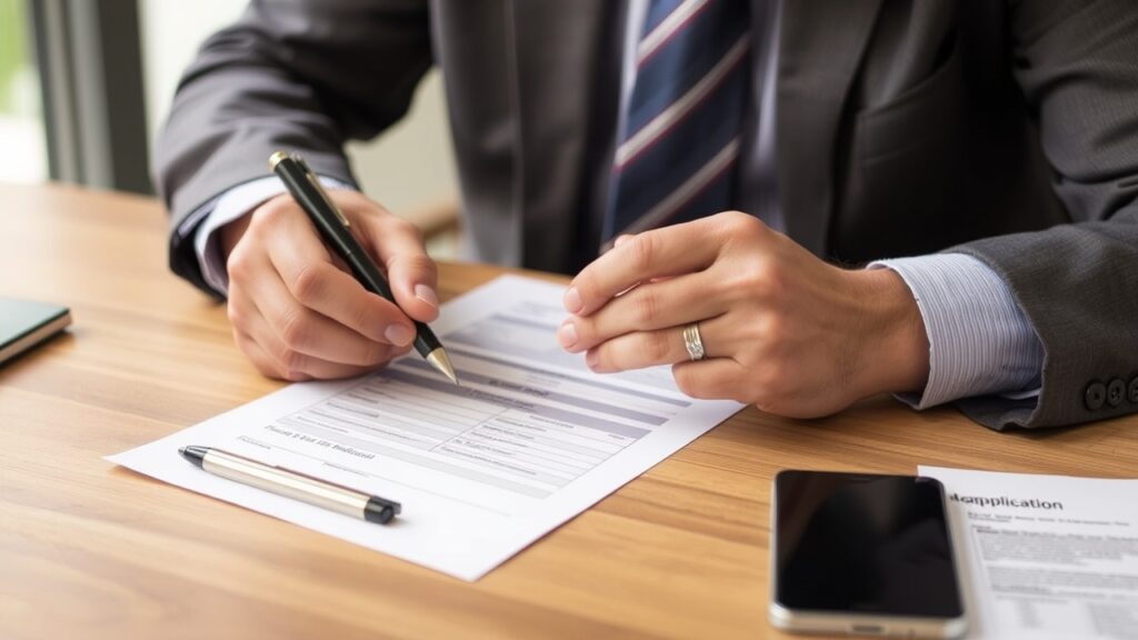 A landlord at a table checking a printed rental application with a pen.