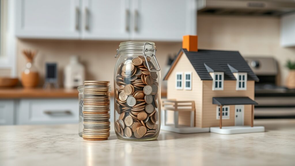 A stack of coin jars on a kitchen counter next to a small model house