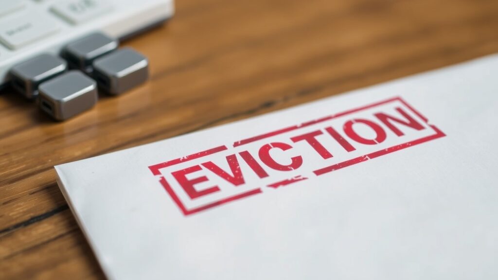 a919f10b283dcd526a5ae73164c0463b17e03c690c54cbd91c66d595a697bede A mail envelope labeled eviction rests on a wooden table