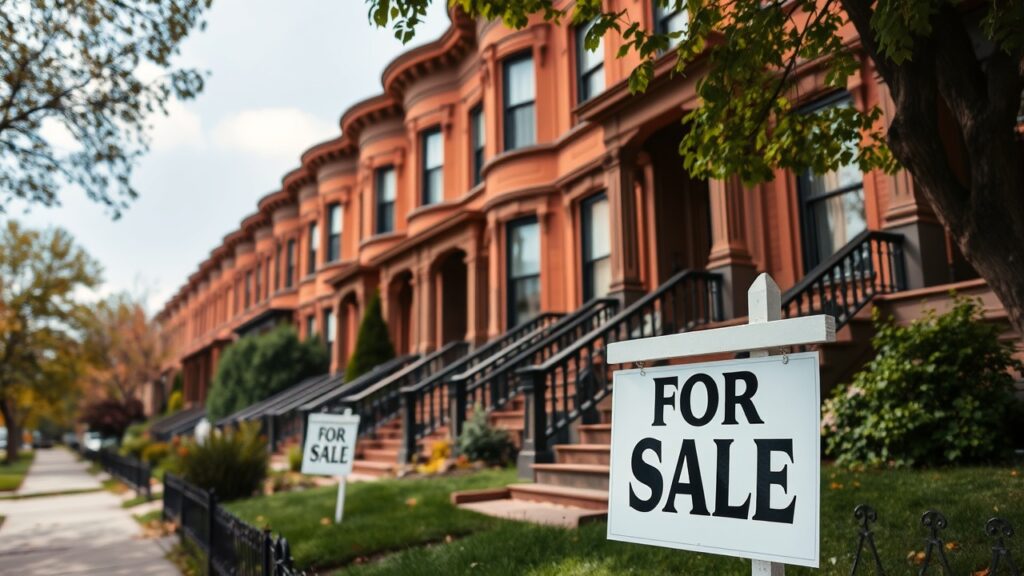 A row of brownstone houses with a for sale sign on the front lawn
