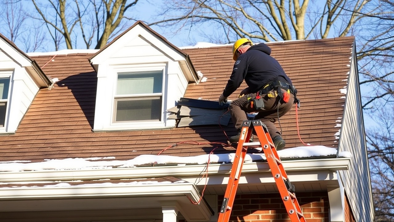 A repair worker on a ladder replaces a loose shingle on a townhouse roof with light snow around