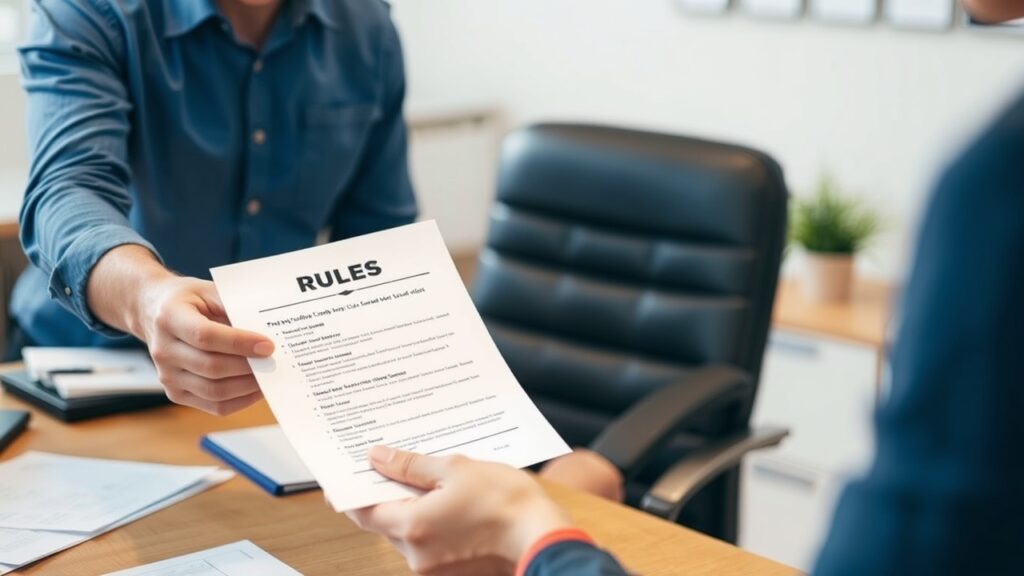A property manager hands a printed rules sheet to a tenant at an office desk