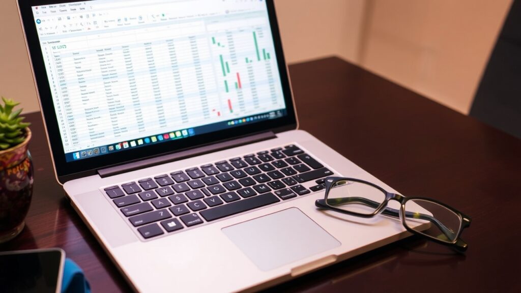 A laptop on a table shows a clear spreadsheet next to a pair of glasses