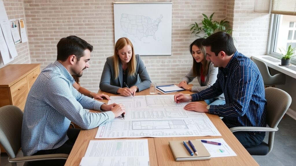 A small team talks around a table with building plans