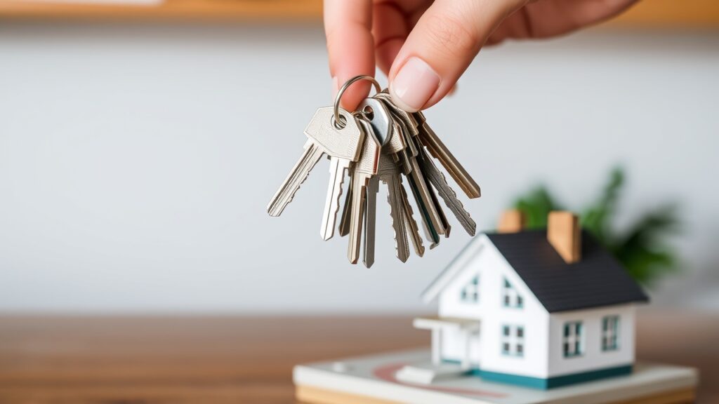 A hand holds a bunch of keys above a small house model on a table