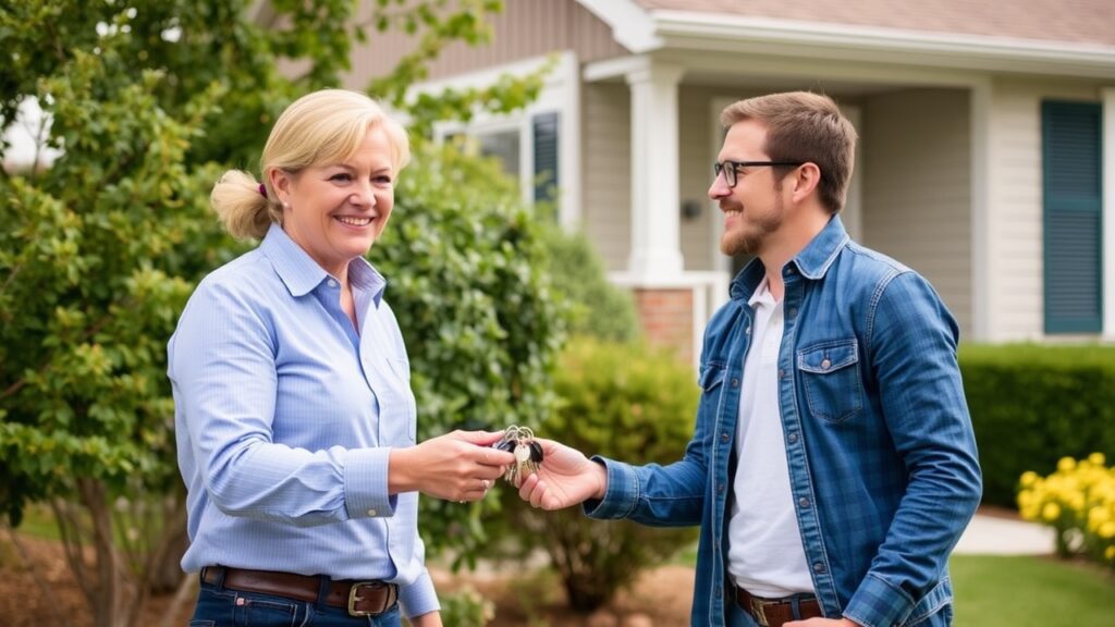 A property manager hands a set of keys to a smiling homeowner