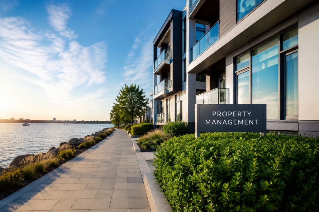 Modern condo buildings along a waterfront with a paved walkway and green landscaping, representing professional property management and the RFP process for property projects.
