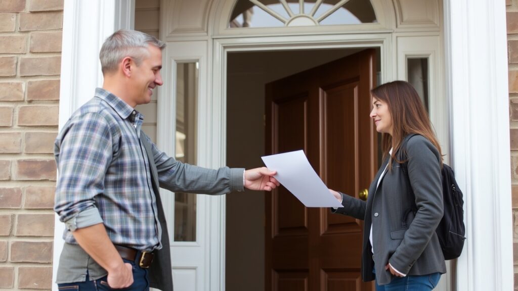 A landlord handing an application paper to an applicant across a doorway