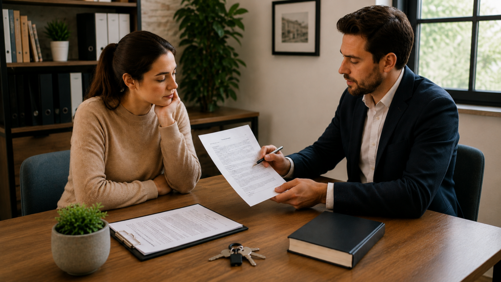 A landlord or property manager reviewing a lease agreement with a tenant at a wooden table in a bright office. The man in a suit points at the document with a pen while the woman listens attentively. A clipboard, book, and keys are on the table, with a plant and office shelves in the background, highlighting a professional lease discussion.