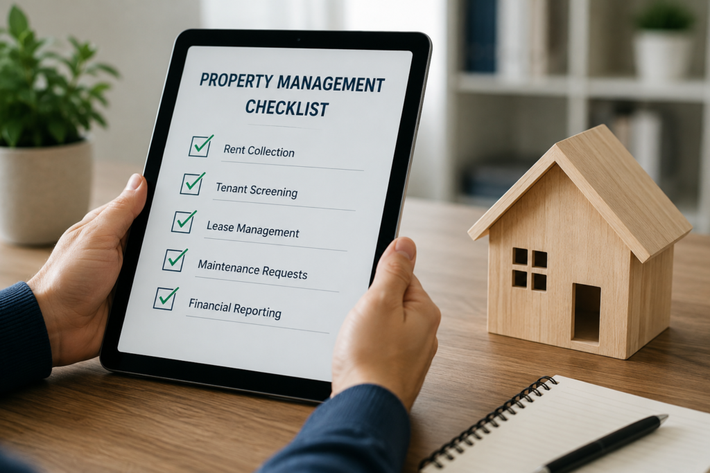 A person holds a tablet showing a checklist next to a small wooden house on a table