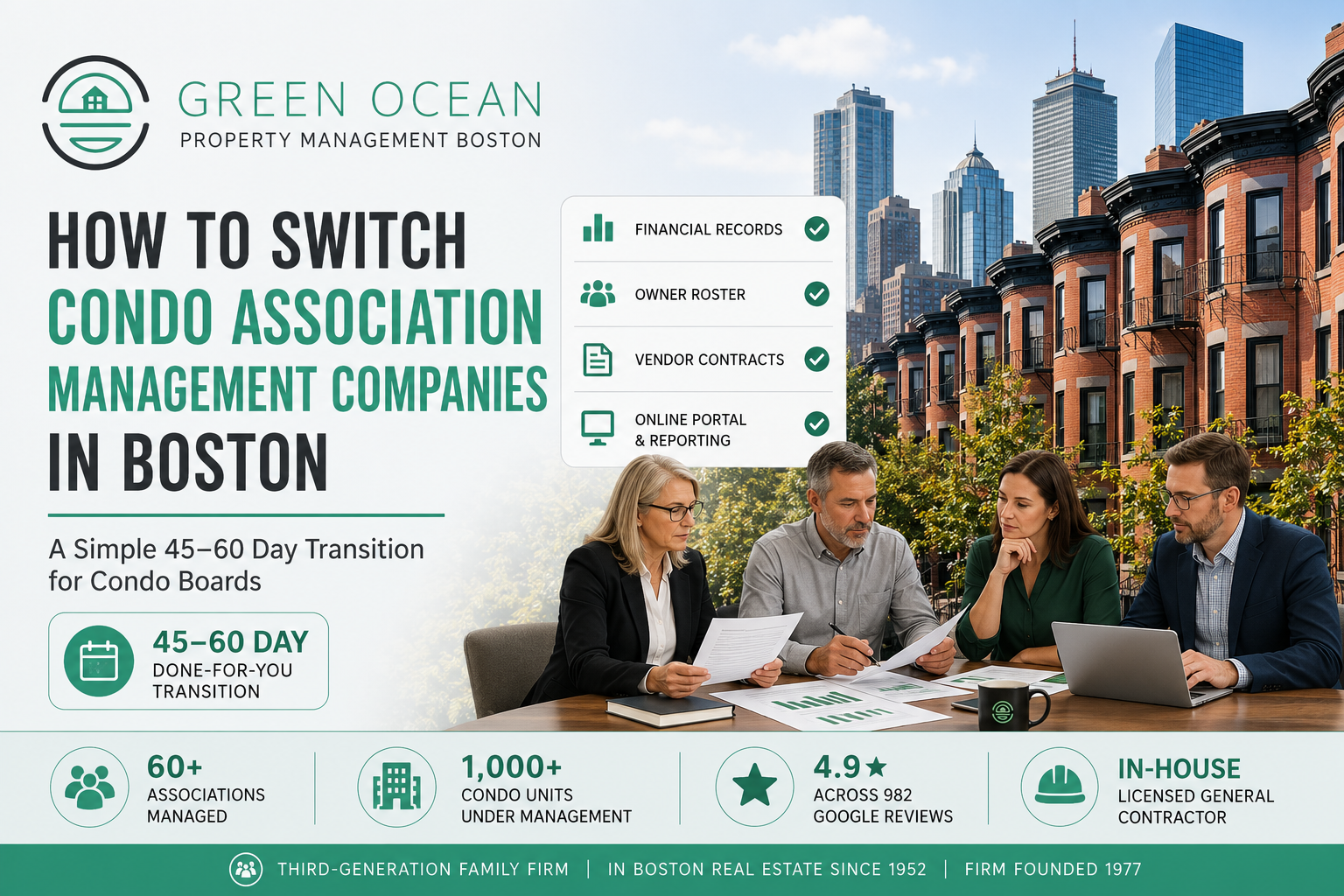 Green Ocean Property Management Boston helping condo associations switch management companies through a streamlined 45–60 day transition process.