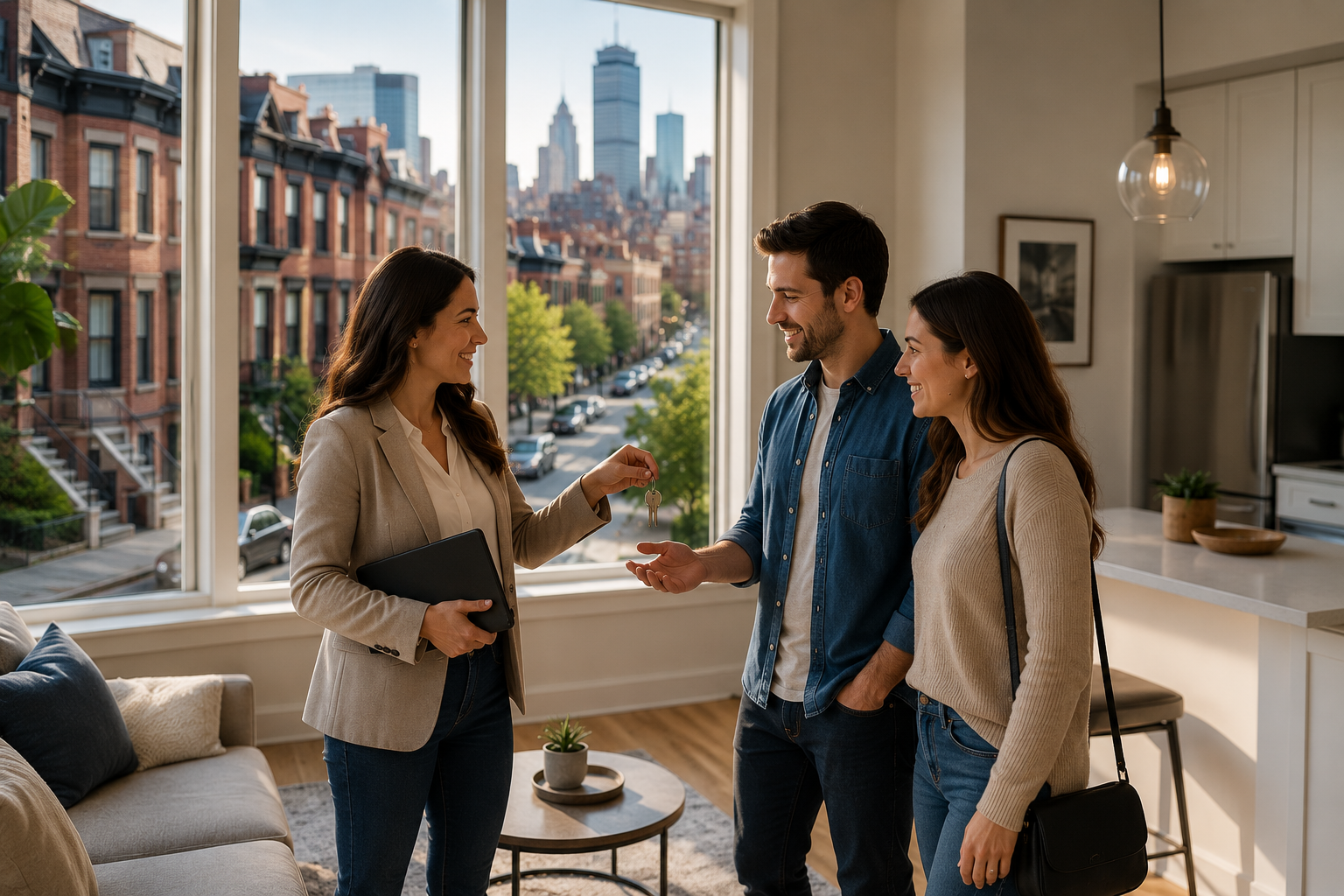 Property manager handing apartment keys to a new tenant in a Boston unit