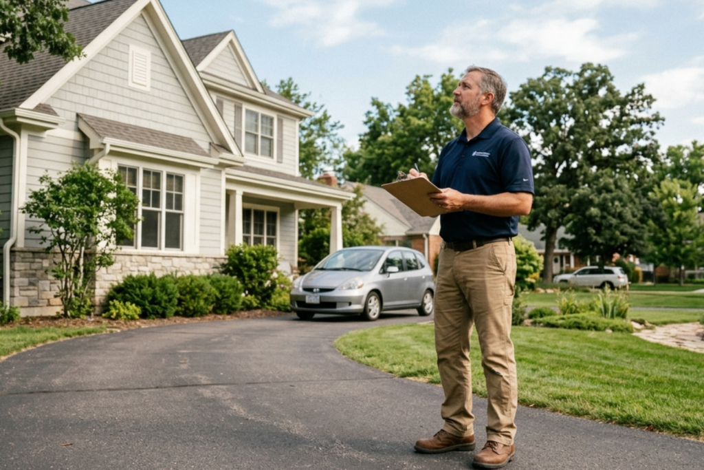 A person holding a clipboard stands on a driveway looking at a house exterior. generate me an image