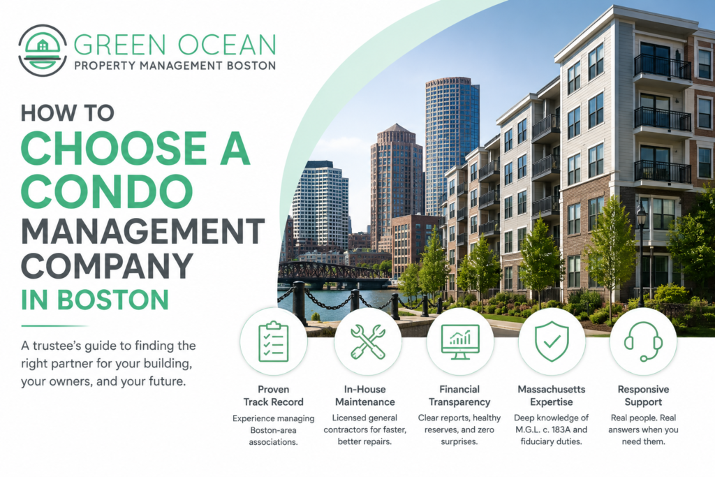 How to choose a condo management company in Boston: guide showing professional property management, condo association support, maintenance, and financial management