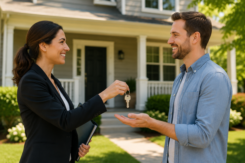 A smiling property manager hands keys to a relieved landlord in front of a clean rental house.