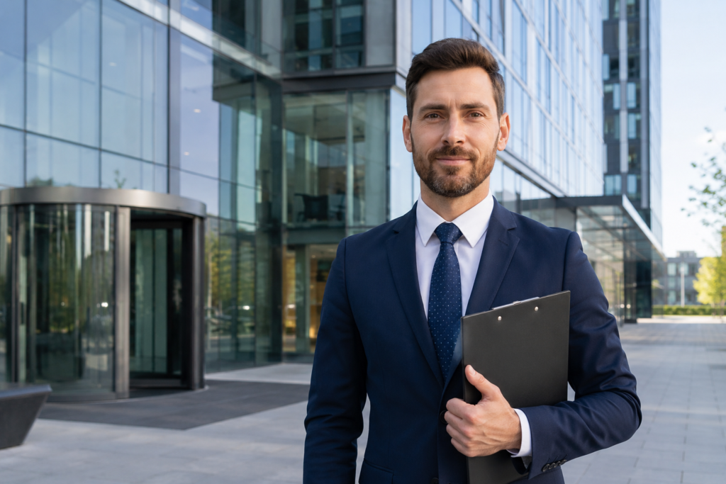A person in a suit holds a clipboard while standing in front of a modern office building.