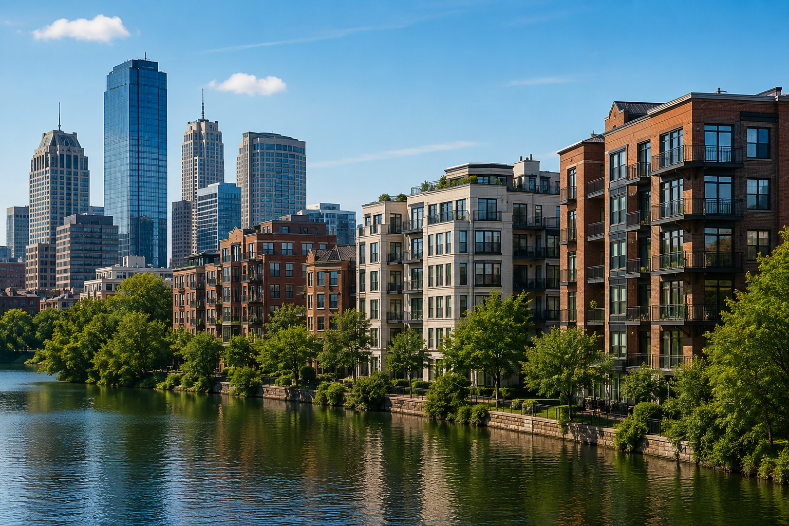 Waterfront Boston condo buildings with brick facades and balconies near the river