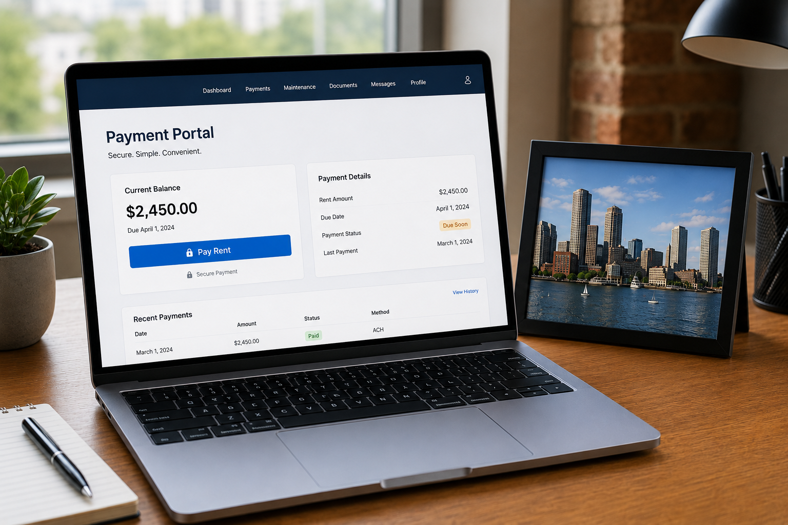 A laptop open to a payment portal page with a visible "Pay Rent" button and a small photo of the Boston skyline on the desk.