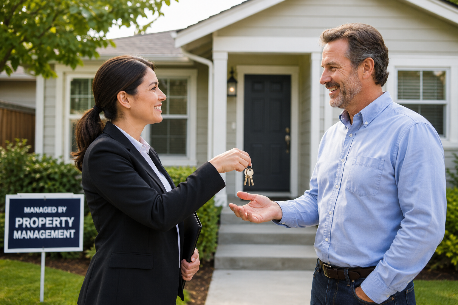 A property manager hands a set of keys to a smiling landlord in front of a small house