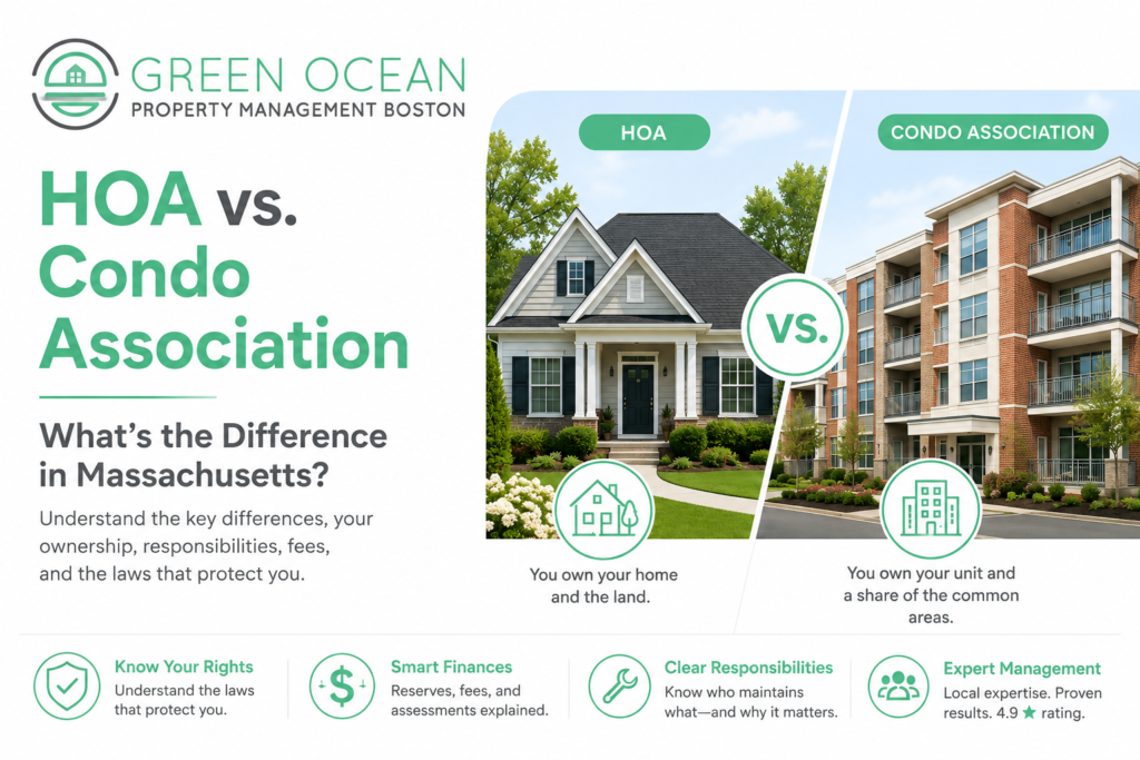 HOA vs Condo Association in Massachusetts comparison showing differences in property ownership, responsibilities, fees, and management by Green Ocean Property Management Boston