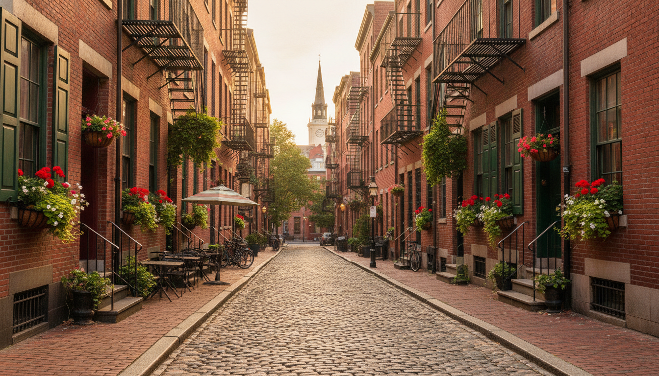 Property management in Boston's North End — historic brick row buildings on a cobblestone street