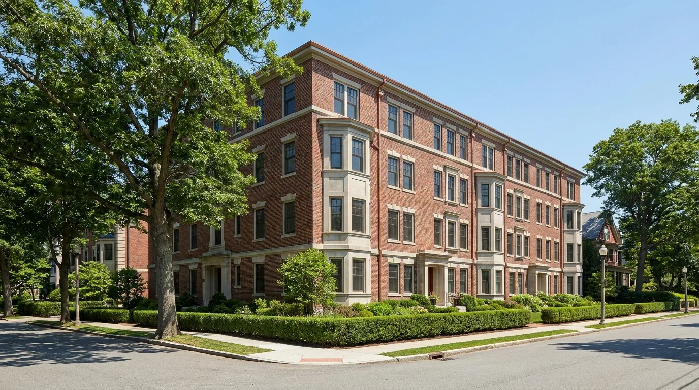 Pre-war brick condominium building with bay windows on a tree-lined street in Brookline, MA