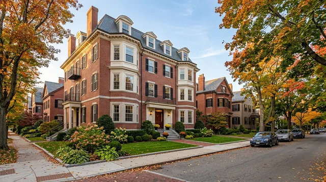 Brick condominium building on a tree-lined street in Cambridge, MA