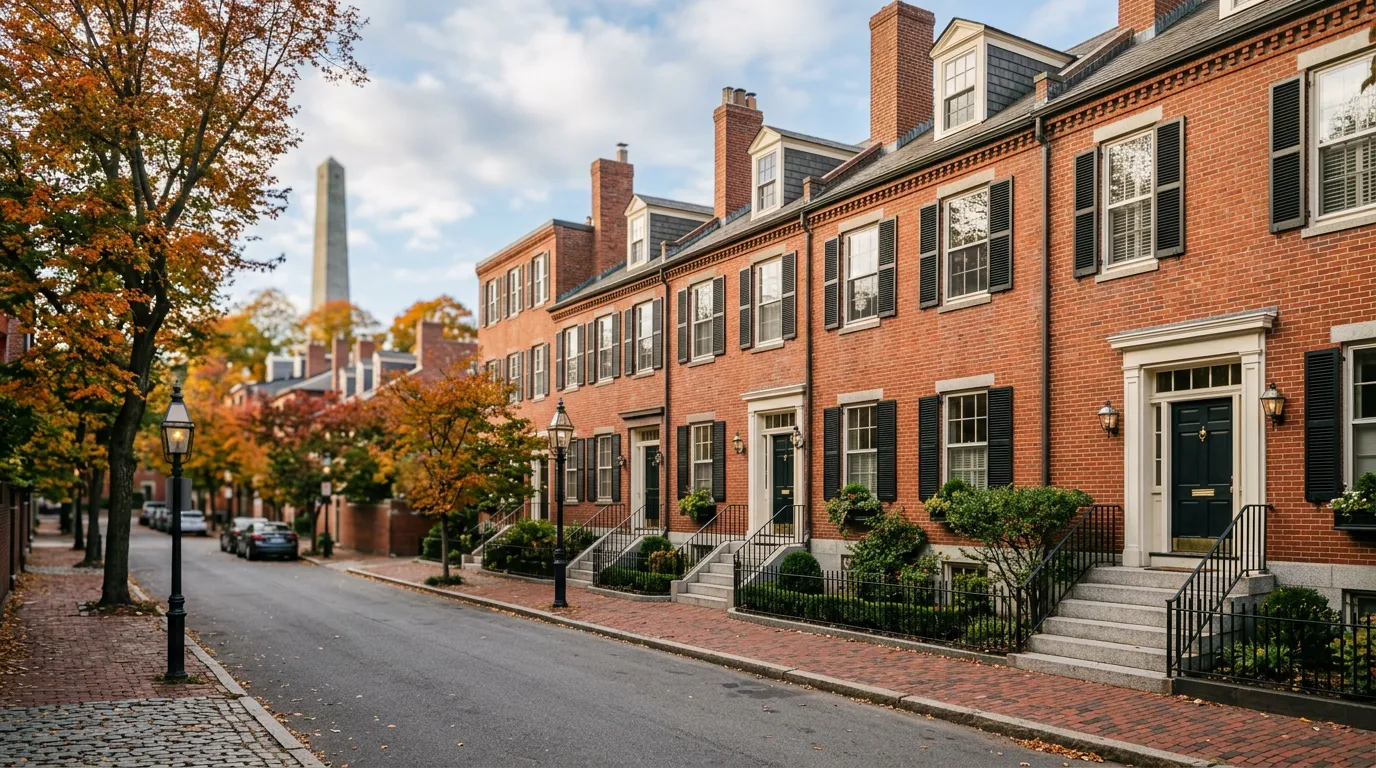 Row of federal-style brick condominium townhouses in Charlestown, Boston, MA with the Bunker Hill Monument in the distance