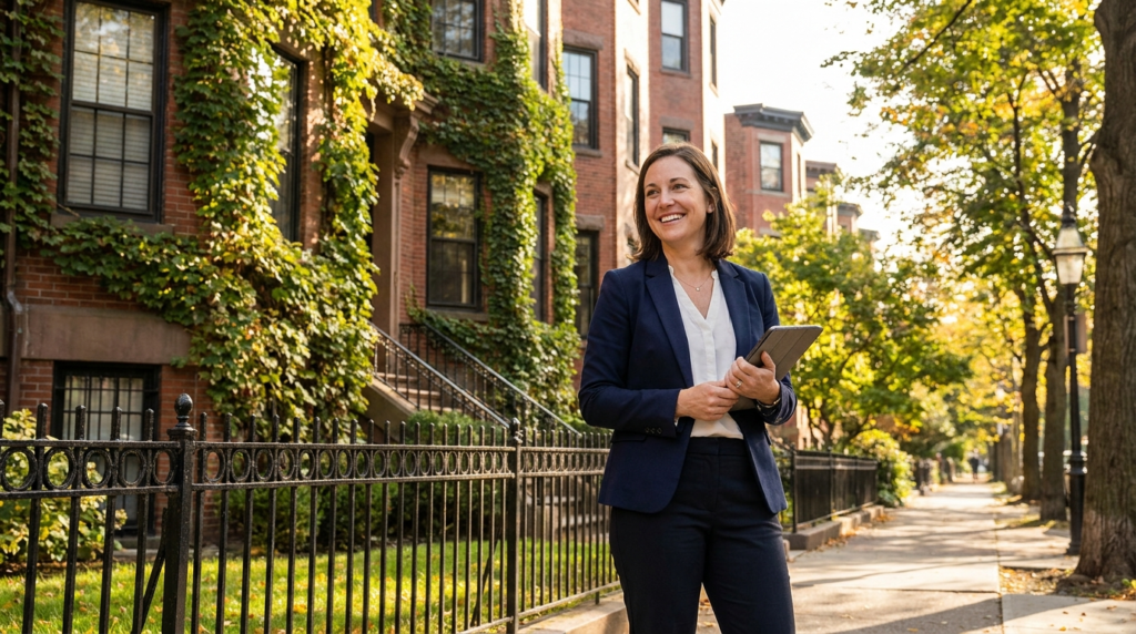 Boston property manager with a tablet in front of a brick multi-family building