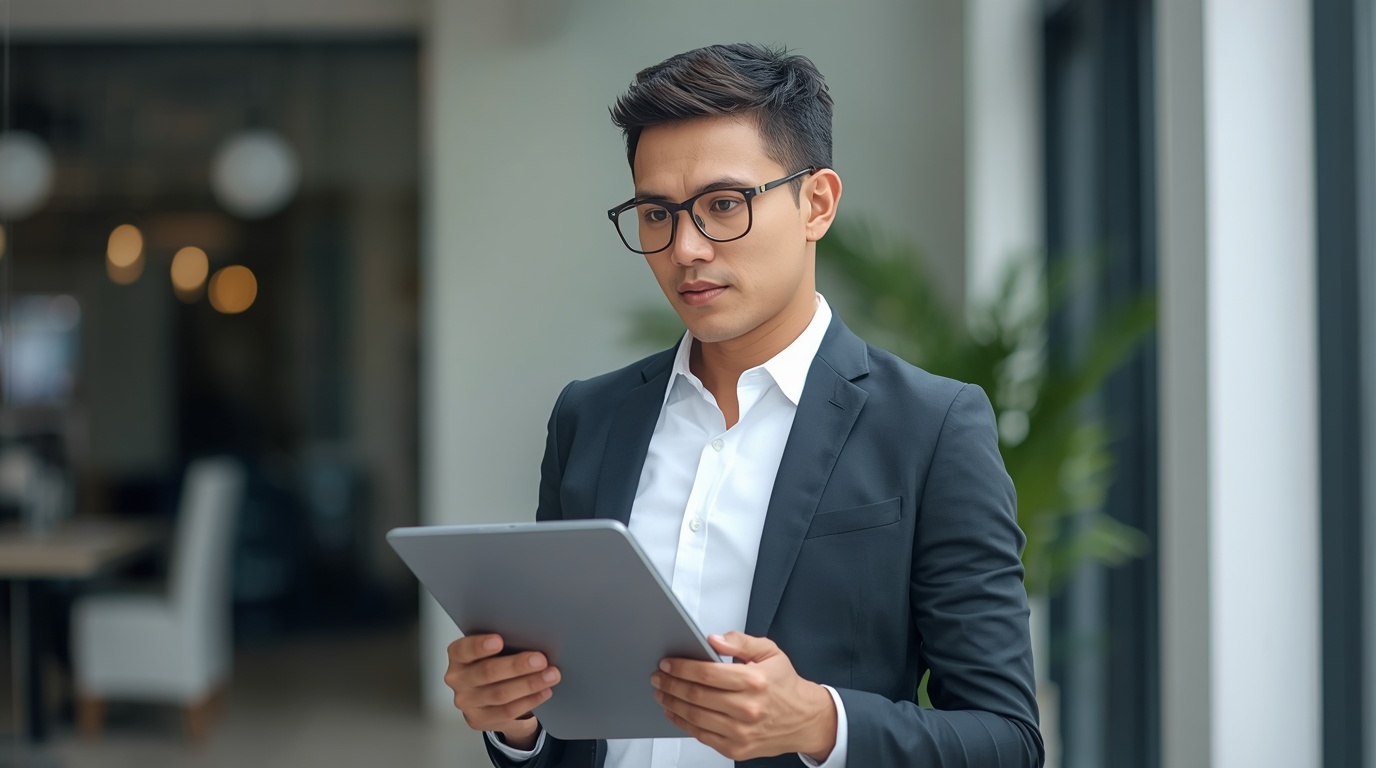 Inspector or property manager holding a clipboard/tablet